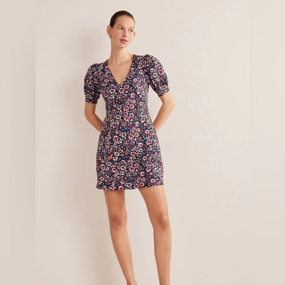 Boden Mini Dress Womens Size 10 Tall Navy Floral Puff Sleeve 100% Cotton - Picture 1 of 10